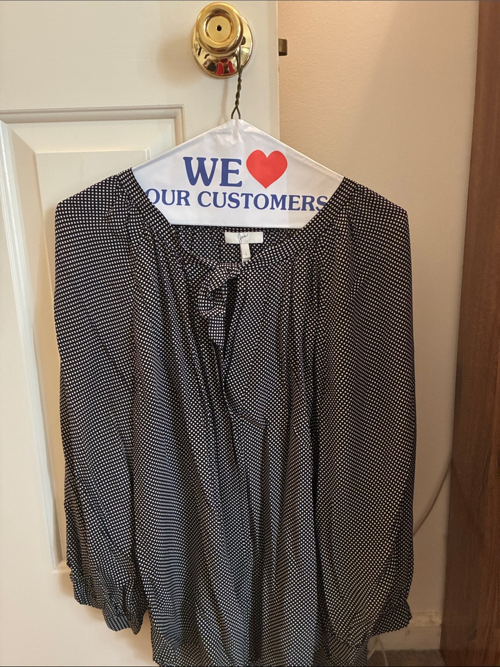Joie Black Blouse with White Micro-Dot Tie Neck